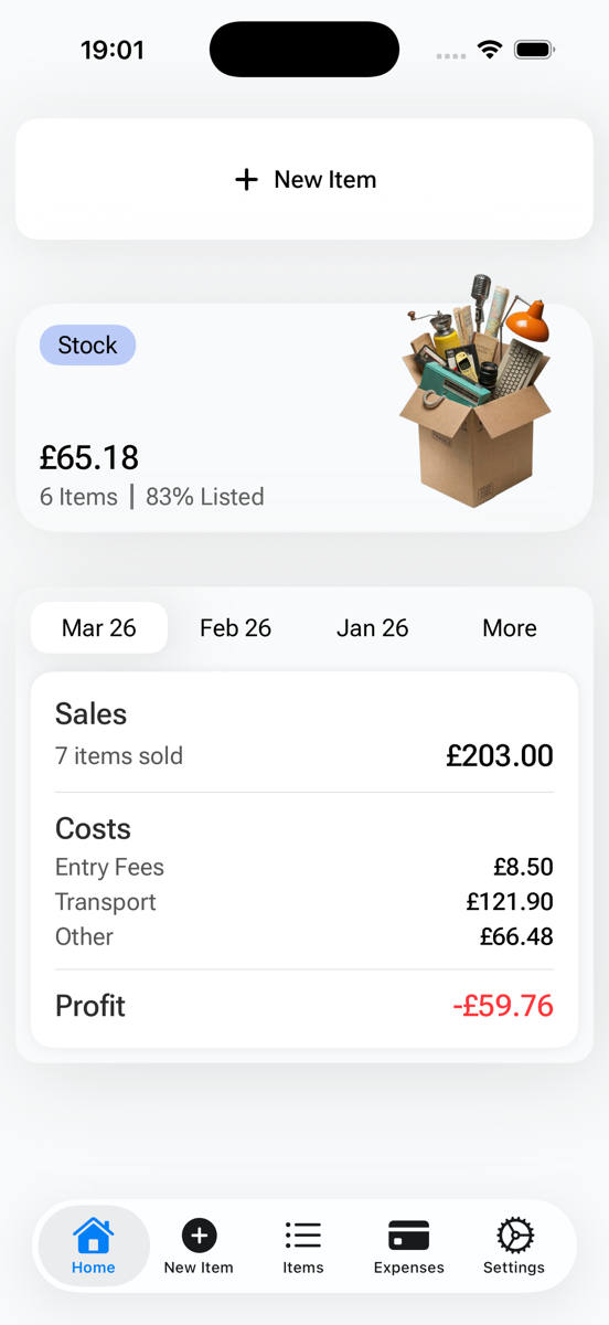 FlipperHelper Money Flow dashboard — stock value £65.18, 7 items sold for £203, costs breakdown with entry fees, transport and other expenses, profit calculation